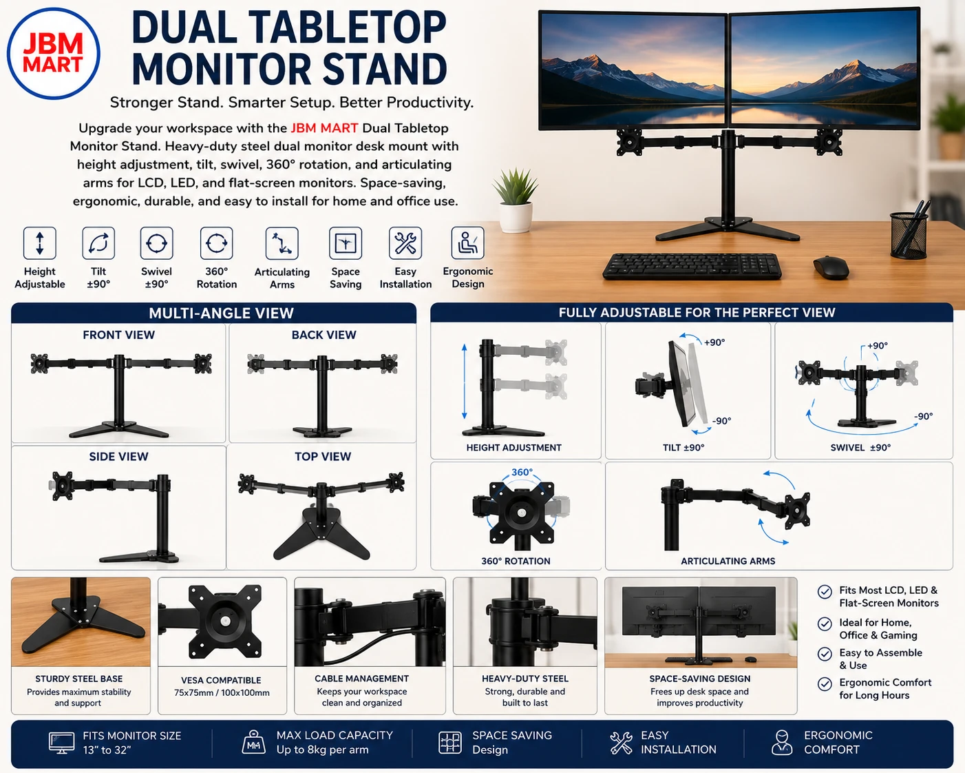 Dual Monitor Stand - Height-Adjustable Arm Steel Mount Movable | LCD Monitor Desk Mount Stand | Fully Adjustable, Tilt, Articulating/Holds (Table Top) image 2